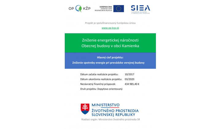 Zníženie energetickej náročnosti Obecnej budovy v obci Kamienka